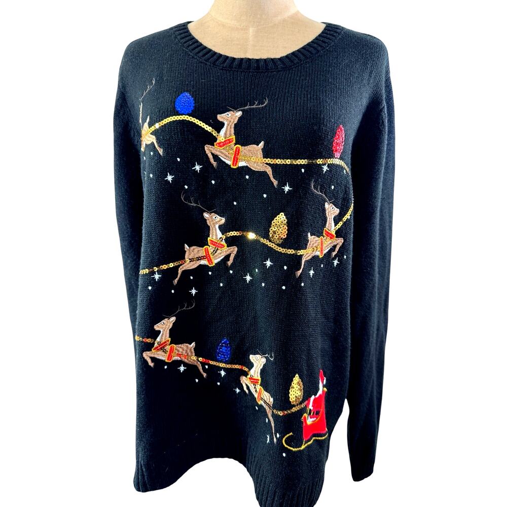 "Karen Scott" Santa's Sleigh and Reindeer Black, Christmas Sweater,Sz 2X,Sequins